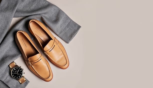 A pair of tan loafers, a watch and a suit photo