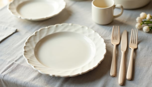 A table setting with white plates, forks and knives photo