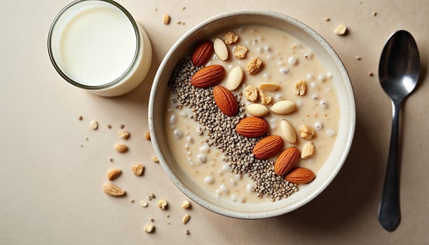 A bowl of oatmeal with almonds and chia seeds photo