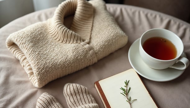 A sweater, book and tea are on a bed photo