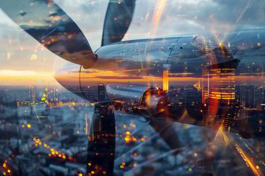 A photo of a city with a plane in the background