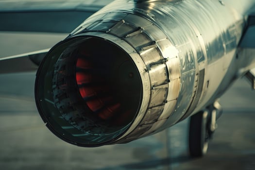 A jet engine is showcased with intricate metallic details while illuminated by bright exhaust flames. The setting sun casts a warm glow over the aircraft at the airport photo