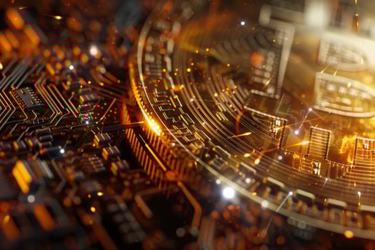 The gold bitcoin rests prominently on a detailed circuit board, with reflections of bright light highlighting intricate electronic patterns in a futuristic atmosphere photo