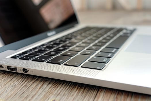 The keyboard of a modern laptop is displayed prominently on a wooden desk, highlighting its elegant design and functionality. The device appears ready for use photo