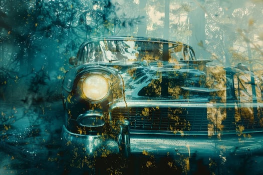 An old car is parked in the woods photo