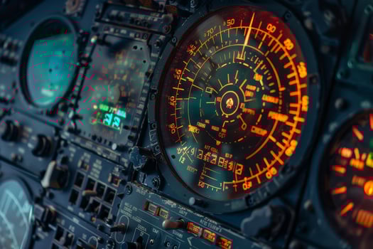 The cockpit features advanced navigation instruments with illuminated displays, showcasing the intricacies of aerial management during a nighttime operation photo