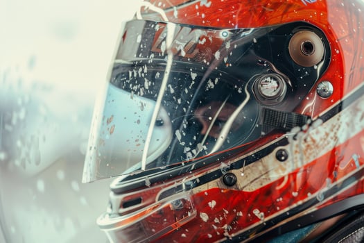 A race car driver helmet glistens with rain droplets while parked on a racetrack, showcasing intricate design and visibility challenges during practice photo