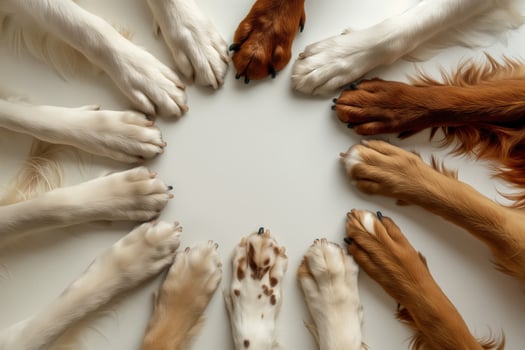 A close-up shot of multiple dogs' paws coming together in a circle, symbolizing unity, teamwork, and friendship photo