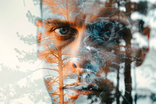 A man gazes thoughtfully, his face artistically merged with trees and nature, highlighting the relationship between humans and the environment through double exposure photo