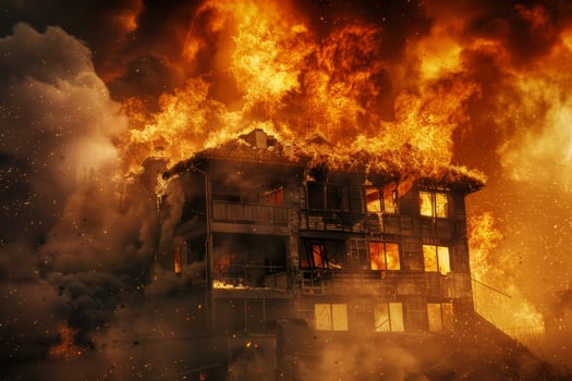 Flames consume a multi-story building as smoke billows into the sky during a nighttime fire. Firefighters are working to control the blaze and protect neighboring properties photo