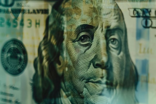A detailed view of a one hundred dollar bill, showcasing the features of Benjamin Franklin's face and the intricate design elements found in the currency photo