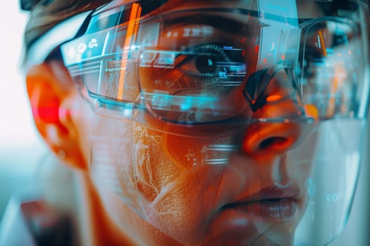 A dedicated professional examines complex digital data displayed through augmented reality glasses, immersed in a high-tech work environment photo