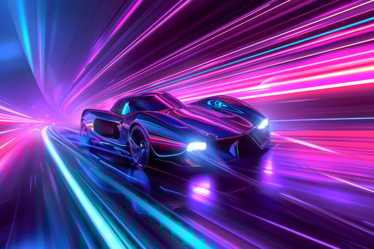 The scene captures a sleek, high-speed sports car racing through a brightly lit tunnel filled with vivid neon colors, emphasizing movement and energy photo