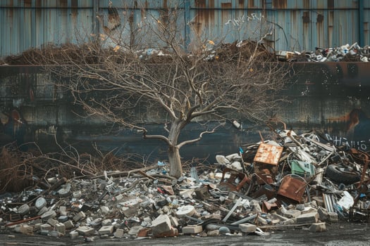 In a desolate junkyard filled with discarded materials, a lone tree emerges from the rubble, symbolizing resilience in a neglected urban landscape photo
