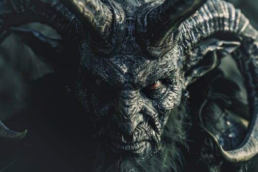 A fierce mythical creature with prominent horns and textured skin stands in a shadowy forest during twilight, exuding an aura of mystery and power photo