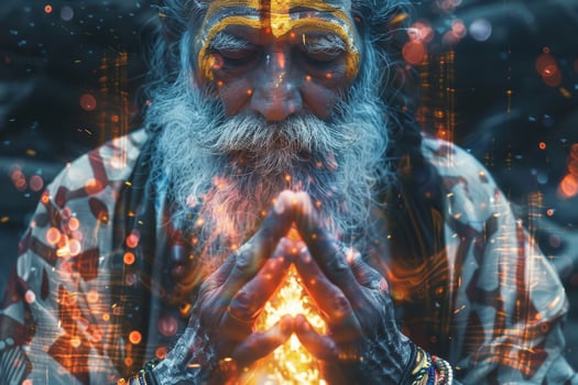 An elderly man with flowing hair and a vibrant beard meditates quietly, surrounded by an ethereal glow as colorful lights illuminate the early morning atmosphere photo