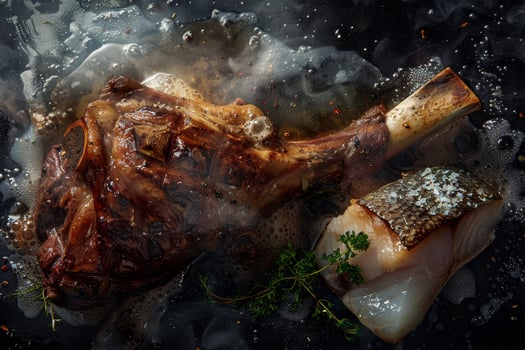 A succulent roasted lamb shank and a tender fish fillet are cooking in a savory broth, infused with herbs and spices, creating an aromatic culinary experience photo