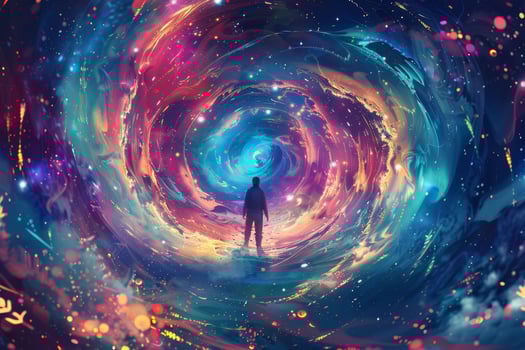 A figure is silhouetted against a colorful cosmic vortex, surrounded by swirling nebulae and stars, evoking a sense of wonder and exploration in the night photo