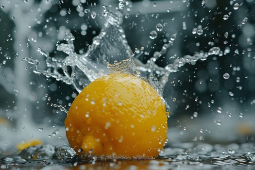 A bright yellow lemon drops into water, generating a vivid splash and scattering droplets all around. The moment captures freshness and energy photo