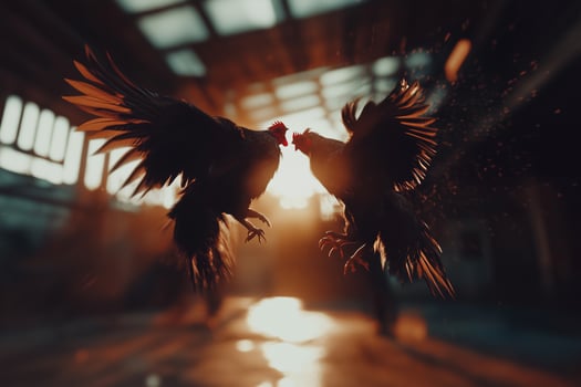 Intense Rooster Fight in Dramatic Lighting photo