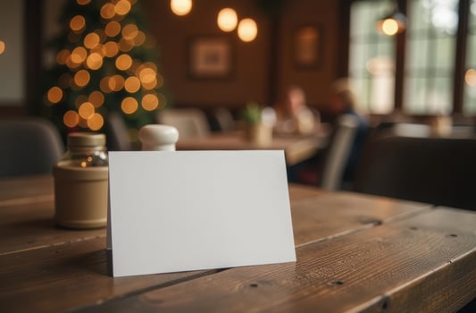 Blank white card on a rustic wooden table in a cozy, christmas decor. Restaurant, cafe, hotel photo