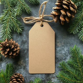 Blank tag surrounded by pine cones and evergreen branches for holiday decoration photo