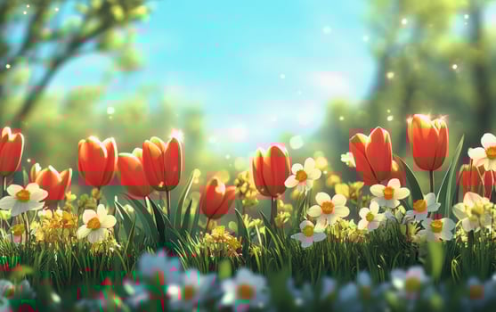 Colorful tulips and vibrant flowers basking in sunlight during a beautiful spring day photo