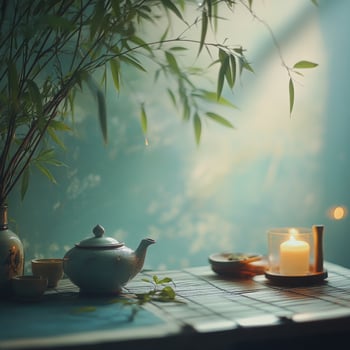 A vintage teapot with intricate designs sits on a table, illuminated by soft, warm light photo