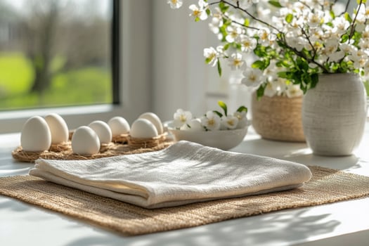 Elegant table setting with decorative eggs and fresh flowers for a spring celebration photo