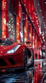 Red sports car parked under red lights, showcasing sleek automotive design photo