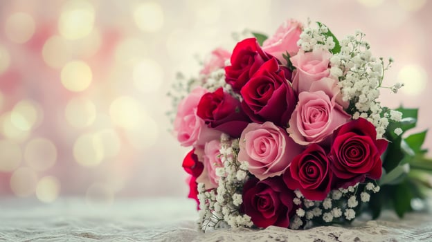 Pink and Red Rose Bouquet on Lace with Bokeh Background photo