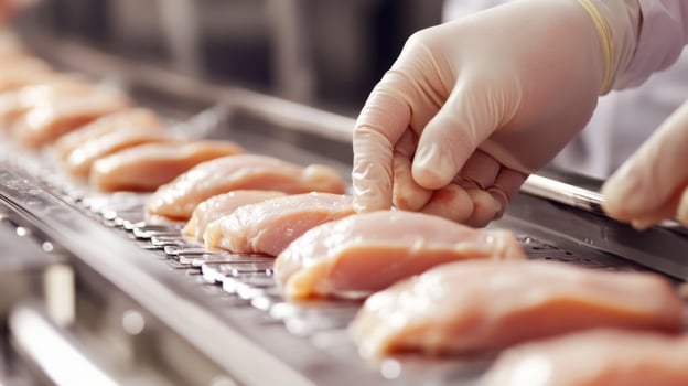 Gloved Hand Placing Raw Chicken Breast on Conveyor Belt in Food Processing Plant photo