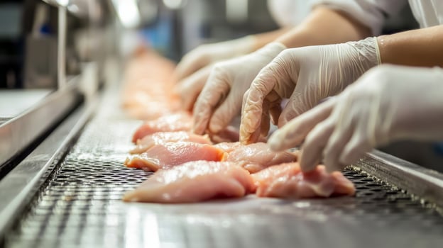 Gloved Hand Arranging Raw Chicken Breast Pieces on Conveyor Belt in Food Processing Facility photo