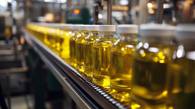 Conveyor Belt With Glass Bottles Filled With Liquid photo