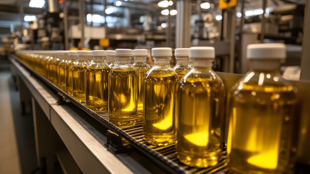 Bottles of Liquid Moving on Conveyor Belt in Factory photo