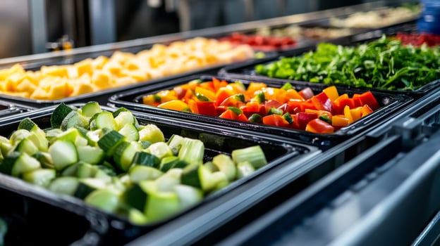 Close-up of Freshly Chopped Vegetables in Black Trays on a Silver Conveyor Belt photo
