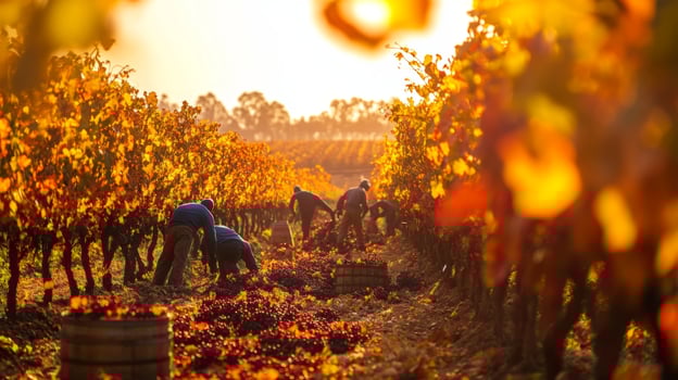 Workers Harvesting Grapes in a Vineyard at Sunset photo