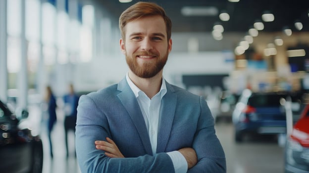 Portrait of a Smiling Man in a Blue Suit Standing in a Car Showroom photo