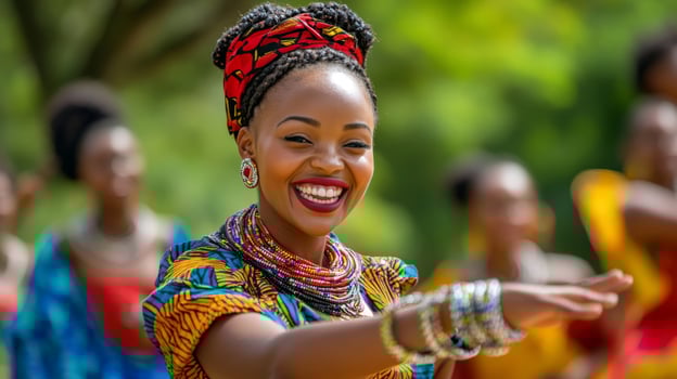 A Portrait of a Smiling Woman in Traditional African Attire photo