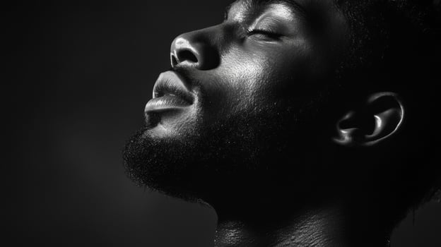 Close-up Black and White Portrait of a Man with his Eyes Closed photo