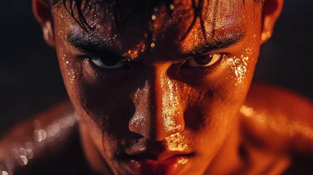 Close-up Portrait of a Sweaty Man with Intense Gaze photo