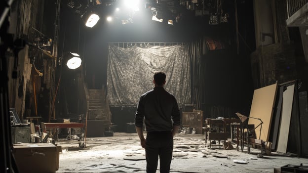 A Man Standing on a Stage with a Backdrop and Debris on the Floor photo