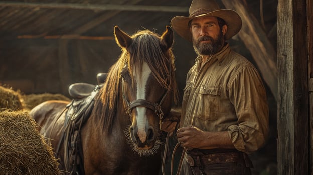A Cowboy Standing with His Horse in a Barn photo