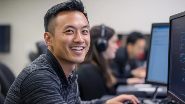 A Smiling Man Uses a Computer in a Modern Office photo