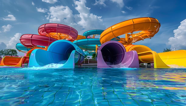 A water park with colorful water slides, pool, and outdoor leisure fun photo