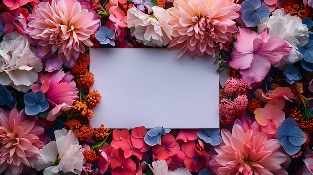 White card enclosed by vibrant flowers in shades of pink, magenta, and violet photo