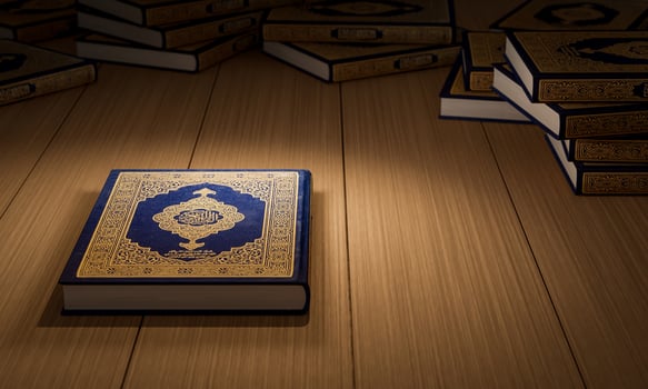 3d, Many Qurans on the wooden table, Islamic concept - The Holy Al Quran with written Arabic calligraphy meaning of Al Quran, photo