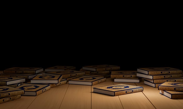 3d, Many Qurans on the wooden table, Islamic concept - The Holy Al Quran with written Arabic calligraphy meaning of Al Quran, photo