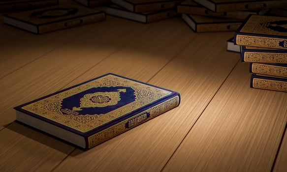 3d, Many Qurans on the wooden table, Islamic concept - The Holy Al Quran with written Arabic calligraphy meaning of Al Quran, photo