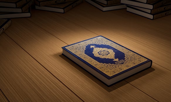 3d, Many Qurans on the wooden table, Islamic concept - The Holy Al Quran with written Arabic calligraphy meaning of Al Quran, photo